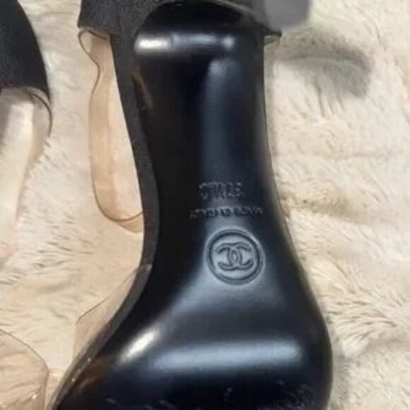 CHANEL Black & Transparent Ankle Strap Heels Size 37.5/ US 7 Made In Italy - Picture 12 of 14